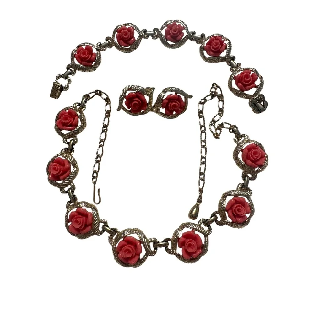 Vintage Sarah Coventry Coral Rose Jewelry Set Necklace Bracelet Clip Earrings - Picture 2 of 15